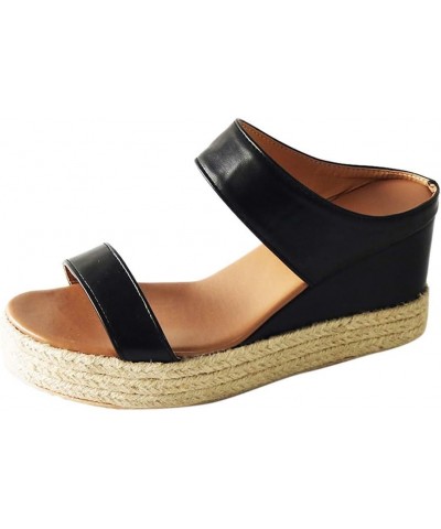 Sandals Shoes Beach Toe Women Breathable Open Wedges Straw Casual Slip-On Summer Women's Wedges High Sandal (Black, 8.5) 7.5 ...