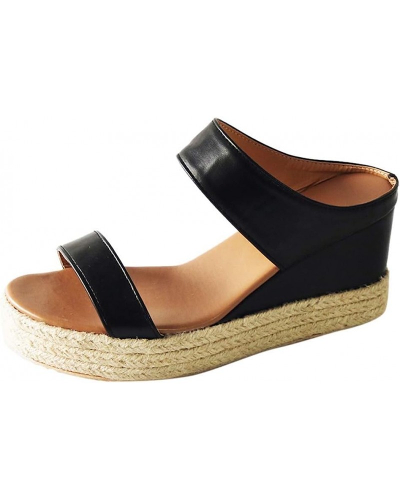 Sandals Shoes Beach Toe Women Breathable Open Wedges Straw Casual Slip-On Summer Women's Wedges High Sandal (Black, 8.5) 7.5 ...