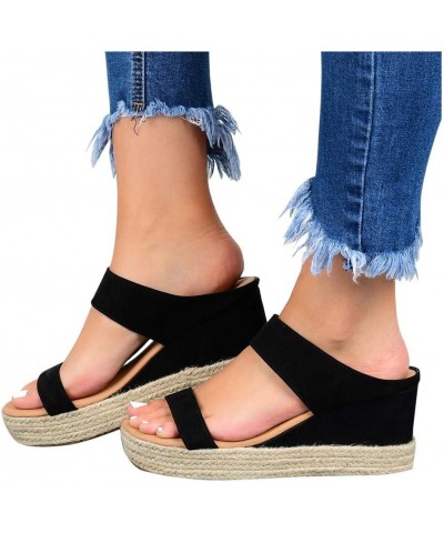 Sandals Shoes Beach Toe Women Breathable Open Wedges Straw Casual Slip-On Summer Women's Wedges High Sandal (Black, 8.5) 7.5 ...