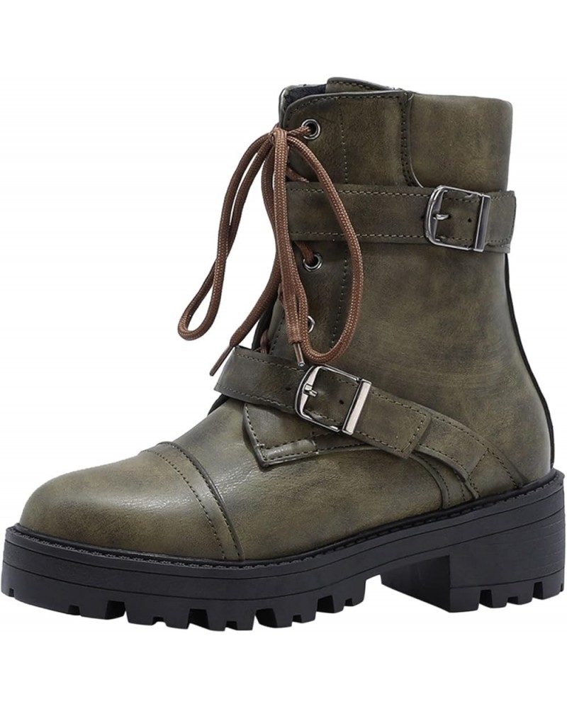 Women's Boots Winter Soft Leather Shoes Female Lace Up Belt Buckle Short Boots Green $27.34 Boots