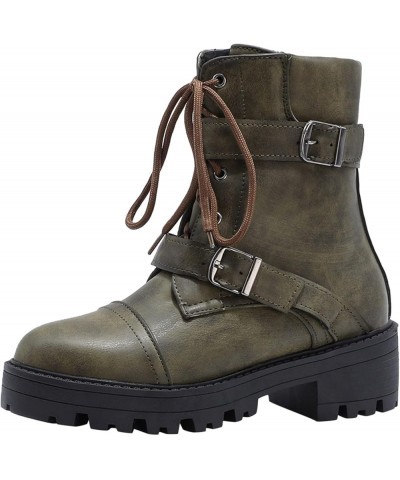 Women's Boots Winter Soft Leather Shoes Female Lace Up Belt Buckle Short Boots Green $27.34 Boots