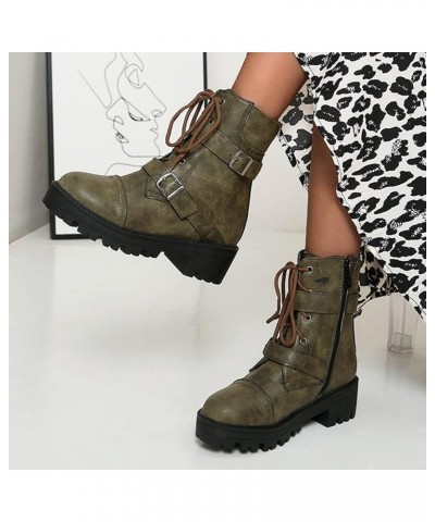 Women's Boots Winter Soft Leather Shoes Female Lace Up Belt Buckle Short Boots Green $27.34 Boots