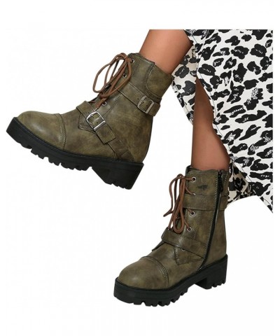 Women's Boots Winter Soft Leather Shoes Female Lace Up Belt Buckle Short Boots Green $27.34 Boots