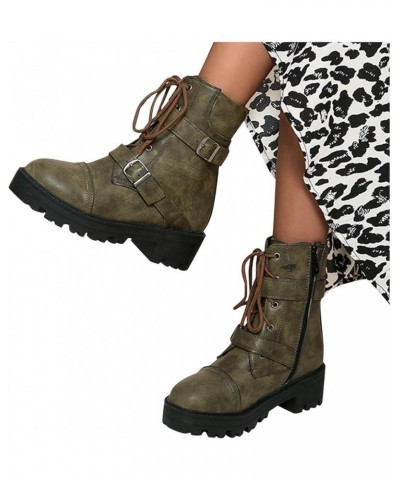 Women's Boots Winter Soft Leather Shoes Female Lace Up Belt Buckle Short Boots Green $27.34 Boots