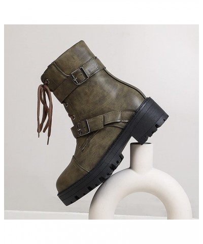 Women's Boots Winter Soft Leather Shoes Female Lace Up Belt Buckle Short Boots Green $27.34 Boots