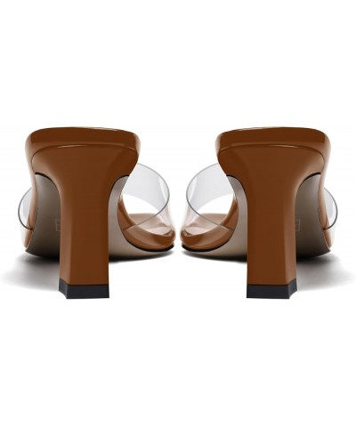 Womens Fashion Slip On Dress Party Open Toe Clear Patent Block Mid Heel Heeled Sandals 2.5 Inch Brown $36.93 Sandals