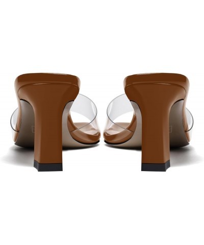 Womens Fashion Slip On Dress Party Open Toe Clear Patent Block Mid Heel Heeled Sandals 2.5 Inch Brown $36.93 Sandals