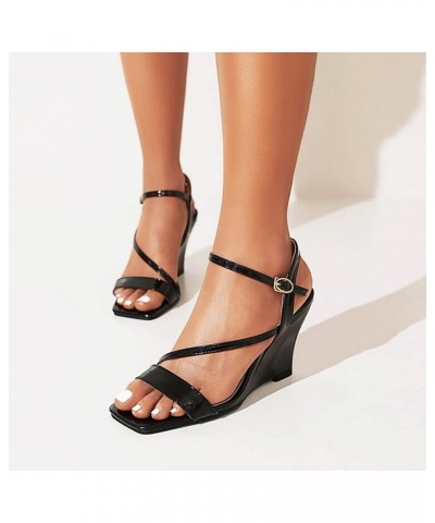 9CM/3.54IN Women Open Toe High Heel Wedge Sandals Ankle Strap Buckle High Heel Ladies Summer Casual Shoes Black $27.71 Sandals