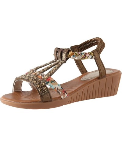 Women Beach Sandals Rhinestone Casual Bohemian Glamorous Flower Retro Slope Heel Shoes with Elastic Ankle Strap Coffee $12.32...