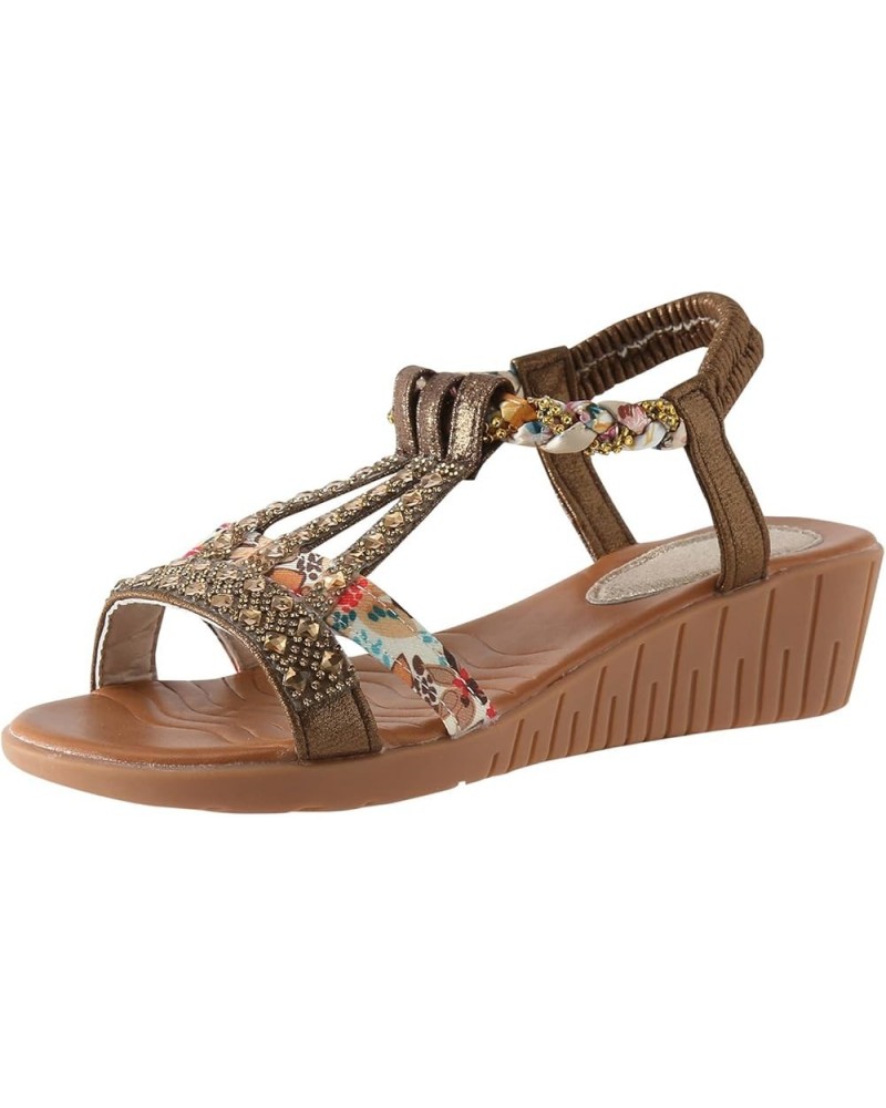 Women Beach Sandals Rhinestone Casual Bohemian Glamorous Flower Retro Slope Heel Shoes with Elastic Ankle Strap Coffee $12.32...