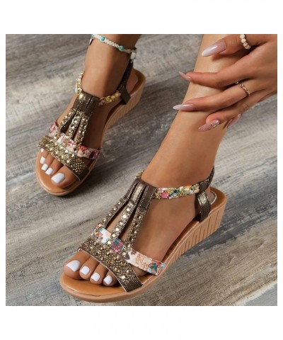 Women Beach Sandals Rhinestone Casual Bohemian Glamorous Flower Retro Slope Heel Shoes with Elastic Ankle Strap Coffee $12.32...