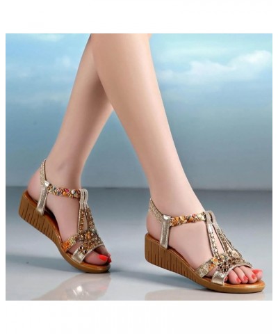 Women Beach Sandals Rhinestone Casual Bohemian Glamorous Flower Retro Slope Heel Shoes with Elastic Ankle Strap Coffee $12.32...