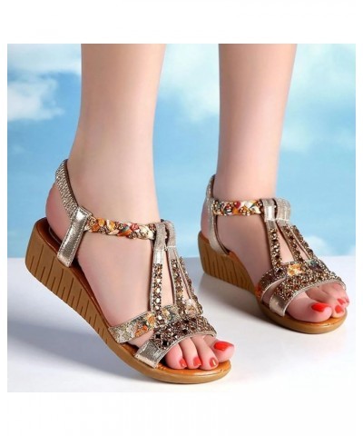 Women Beach Sandals Rhinestone Casual Bohemian Glamorous Flower Retro Slope Heel Shoes with Elastic Ankle Strap Coffee $12.32...