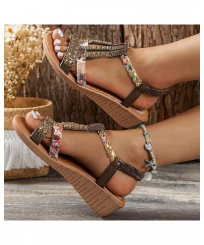 Women Beach Sandals Rhinestone Casual Bohemian Glamorous Flower Retro Slope Heel Shoes with Elastic Ankle Strap Coffee $12.32...