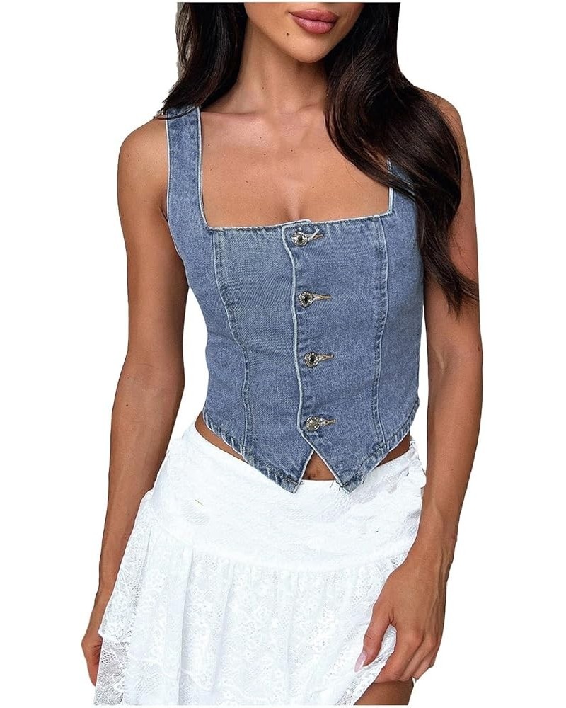 Top Set Women Casual Loose Comfortable Sleeveless Vest Crop Tops Teen Girls Blue - Women Fashion Denim Vest $11.18 Athletic S...