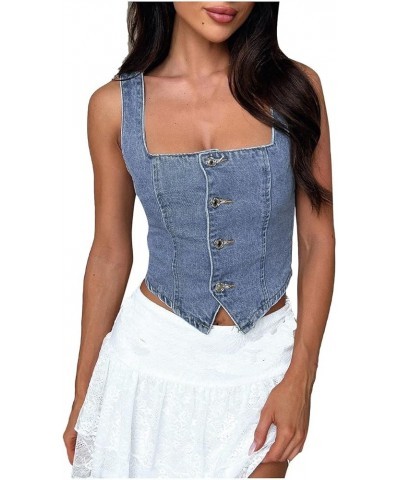 Top Set Women Casual Loose Comfortable Sleeveless Vest Crop Tops Teen Girls Blue - Women Fashion Denim Vest $11.18 Athletic S...