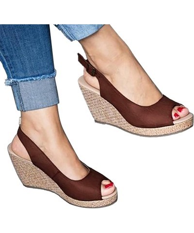 Women's Fish Mouth Back Hollow Shallow Wedge Heel Foreign Trade Low Top PU Fashion Sandals Close Toe Sandals for Women Brown ...