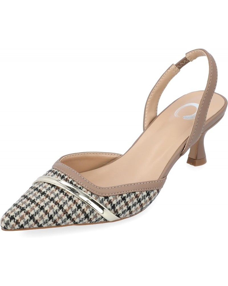 Womens Slip On Mule Houndstooth Kitten Heel Slingback Closed Pointed Toe Nellia Padded Pump Taupe Wide $19.78 Pumps