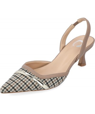 Womens Slip On Mule Houndstooth Kitten Heel Slingback Closed Pointed Toe Nellia Padded Pump Taupe Wide $19.78 Pumps