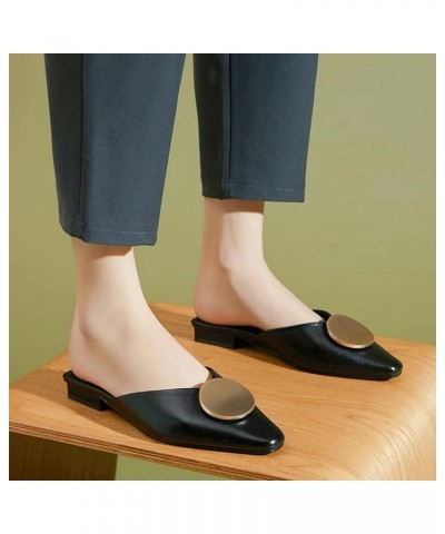 Womens Mules Slip-on Soft Metal Round Buckle Square Toe Low Heel Backless Loafer Slides Comfort Work Sandals Black $41.03 Mul...