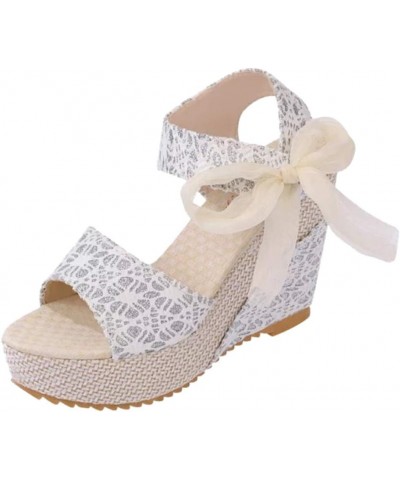 Women's Ladies Platform Wedges Heel Sandals Floral Flower Lace-up Shoes Womens Wedge Sandals Size 9 Easy (White, 8) White 8.5...