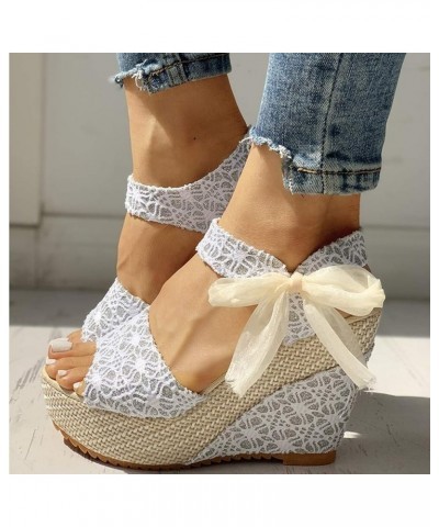 Women's Ladies Platform Wedges Heel Sandals Floral Flower Lace-up Shoes Womens Wedge Sandals Size 9 Easy (White, 8) White 8.5...