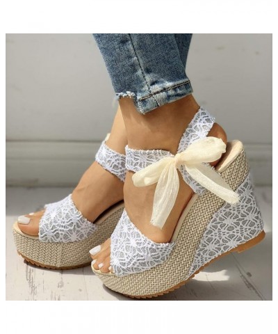 Women's Ladies Platform Wedges Heel Sandals Floral Flower Lace-up Shoes Womens Wedge Sandals Size 9 Easy (White, 8) White 8.5...