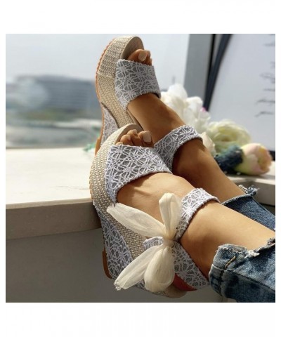 Women's Ladies Platform Wedges Heel Sandals Floral Flower Lace-up Shoes Womens Wedge Sandals Size 9 Easy (White, 8) White 8.5...