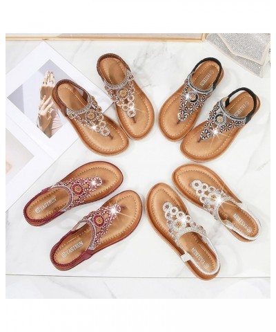 Womens White Sandals Size 9.5 Ladies Strap Flat Sandals Summer Boho Rhinestone Dress Shoes Comfort Open Toe Elastic Brown $18...