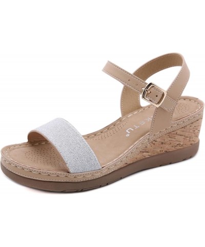 Summer Women's Comfy Color Match Buckle Wedge Heel Ankle Strap Sandals Khaki $15.88 Sandals