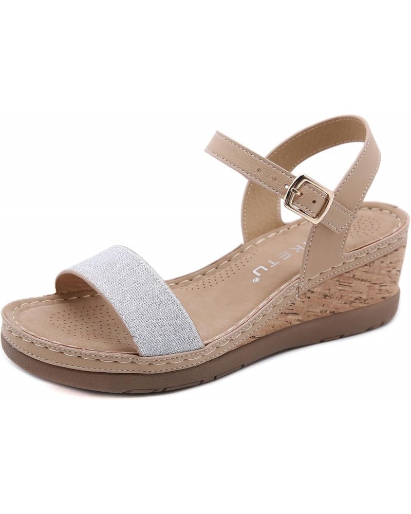 Summer Women's Comfy Color Match Buckle Wedge Heel Ankle Strap Sandals Khaki $15.88 Sandals