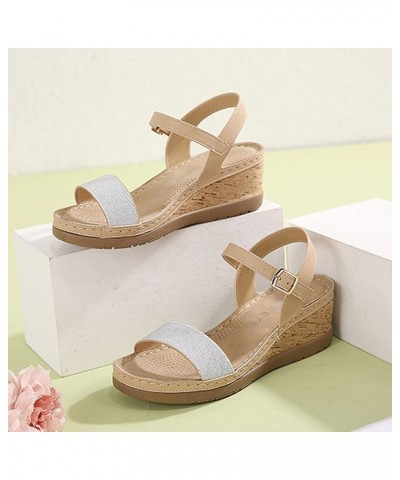 Summer Women's Comfy Color Match Buckle Wedge Heel Ankle Strap Sandals Khaki $15.88 Sandals