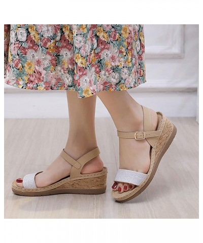 Summer Women's Comfy Color Match Buckle Wedge Heel Ankle Strap Sandals Khaki $15.88 Sandals