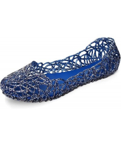 Women's Beach Jelly Shoes Slip On Crystal Summer Soft Hollow Ballet Flats V Blue $9.85 Sandals