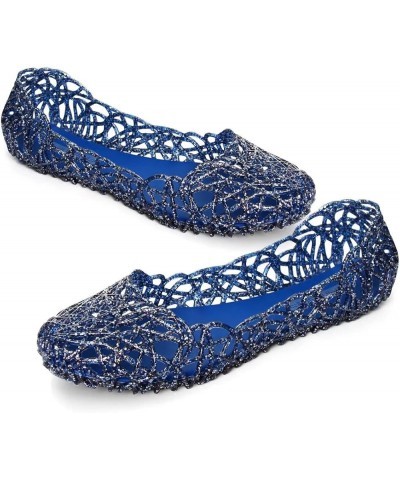 Women's Beach Jelly Shoes Slip On Crystal Summer Soft Hollow Ballet Flats V Blue $9.85 Sandals