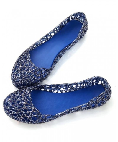 Women's Beach Jelly Shoes Slip On Crystal Summer Soft Hollow Ballet Flats V Blue $9.85 Sandals