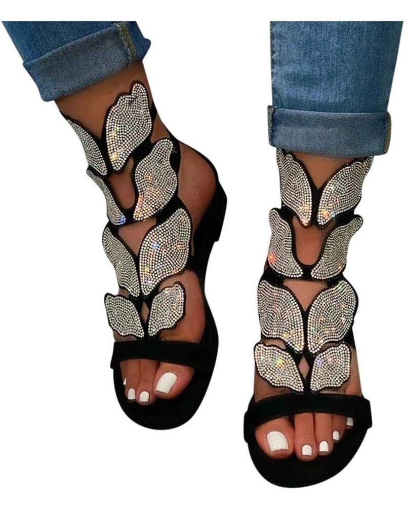 Sandals for Women Flat,2020 Fashion Rhinestone Wings Pattern Sandals Open Toe Buckle Casual Rhinestone Sandals Black $18.22 S...