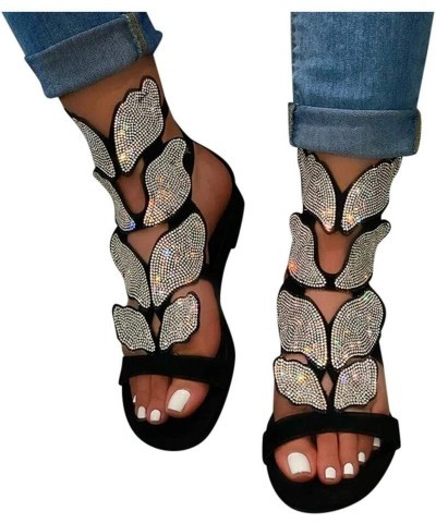 Sandals for Women Flat,2020 Fashion Rhinestone Wings Pattern Sandals Open Toe Buckle Casual Rhinestone Sandals Black $18.22 S...