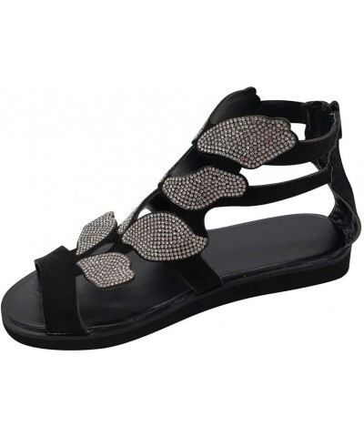 Sandals for Women Flat,2020 Fashion Rhinestone Wings Pattern Sandals Open Toe Buckle Casual Rhinestone Sandals Black $18.22 S...