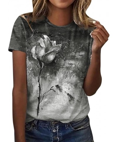 Womens Summer Casual Short Sleeve Crew Neck Floral Printed Top T Shirts Casual Simple Long Sleeve T Shirts for Grey $11.39 At...