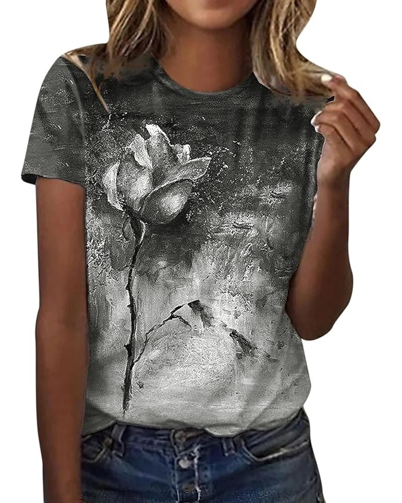 Womens Summer Casual Short Sleeve Crew Neck Floral Printed Top T Shirts Casual Simple Long Sleeve T Shirts for Grey $11.39 At...