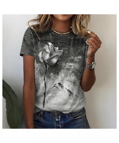 Womens Summer Casual Short Sleeve Crew Neck Floral Printed Top T Shirts Casual Simple Long Sleeve T Shirts for Grey $11.39 At...