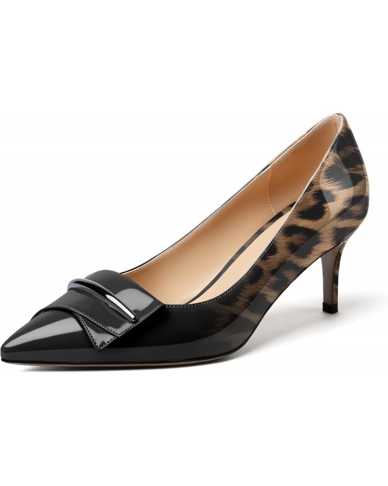 Womens Kitten Heels Pumps Point Toe Slip On Mid Heel Dressy Wedding Shoes with Bukle Black-leopard $17.99 Pumps