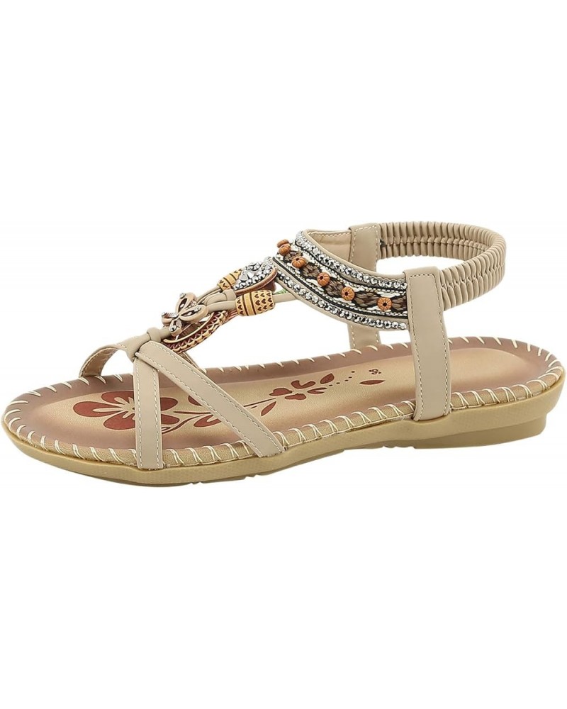 Women's Fashion Sandals Fashion Casual Open Toe Flat Rhinestone Comfortable Soft Bottom Breathable Elastic Band Low Beige $17...