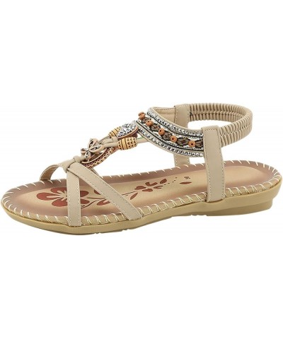 Women's Fashion Sandals Fashion Casual Open Toe Flat Rhinestone Comfortable Soft Bottom Breathable Elastic Band Low Beige $17...