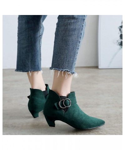 Women's Kitten Heel Ankle Boots Pointed Toe Chunky Chelsea Boots Green $28.49 Boots