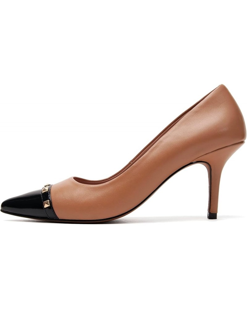 Perkins - Womens Pointed Cap Toe Mid-Height Stiletto Heel Leather Fashion Pump Desert/Black Nappa/Patent $63.53 Pumps