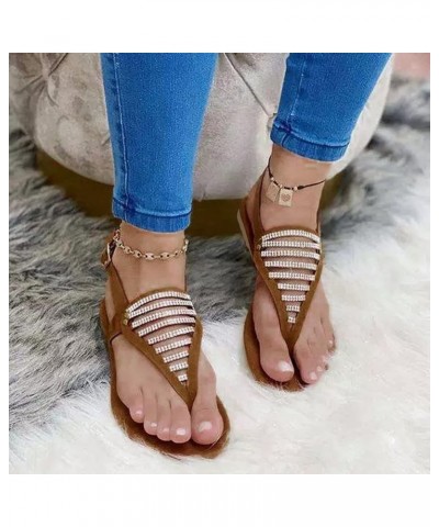 Buckle Beach Open Toe Shoes Strap Rhinestone Women Breathable Summer Sandals Women's Metallic Sandals for Women Flat (Brown, ...