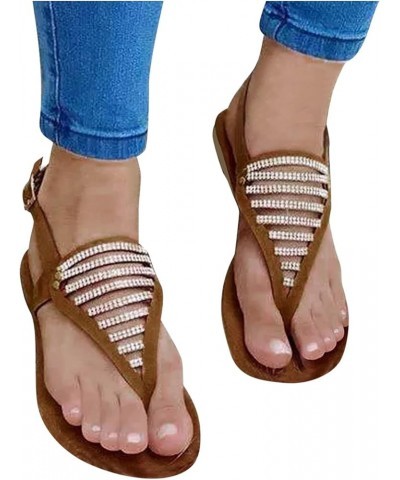 Buckle Beach Open Toe Shoes Strap Rhinestone Women Breathable Summer Sandals Women's Metallic Sandals for Women Flat (Brown, ...