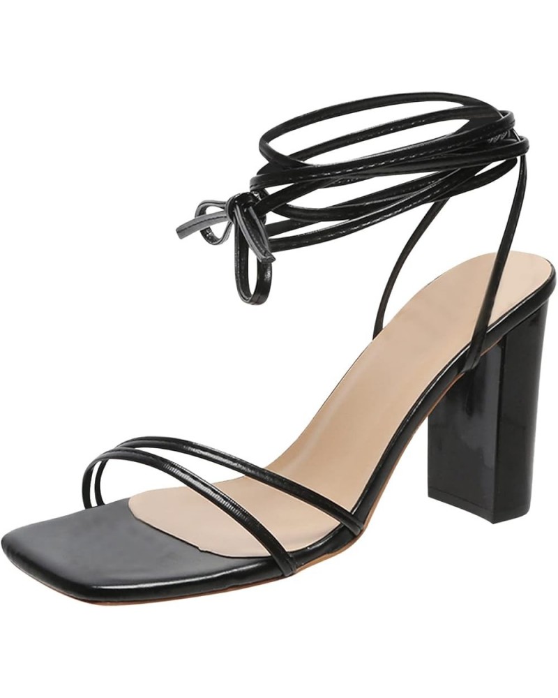 Ladies Fashion Summer Solid Color Leather Ankle Strap Chunky High Heel Sandals High Heels for Women Sexy Wide Black $16.75 Sa...